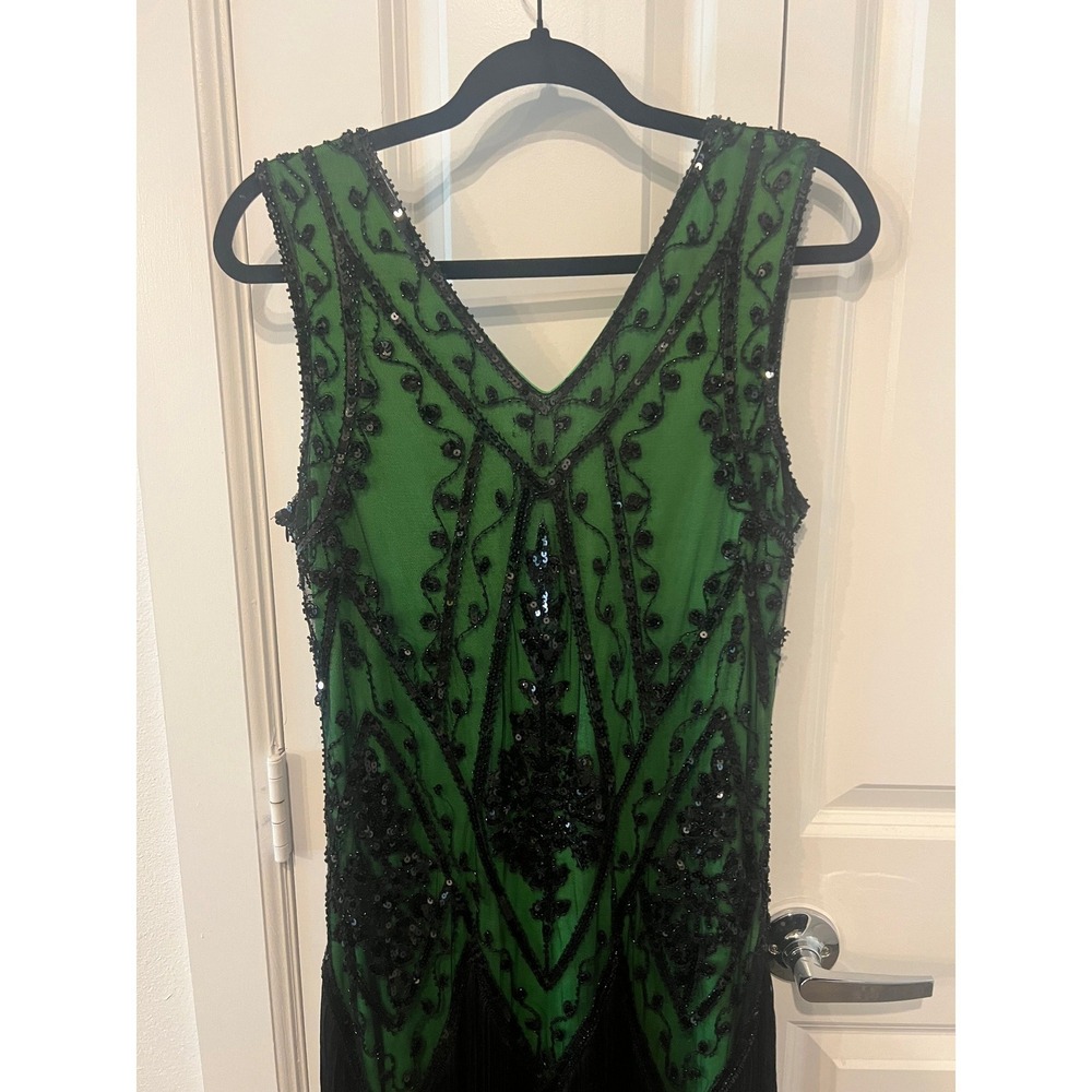 PrettyGuide Green Black Sequin Fringe Flapper Dress 1920s Gatsby Style L (1098) - Picture 6 of 16